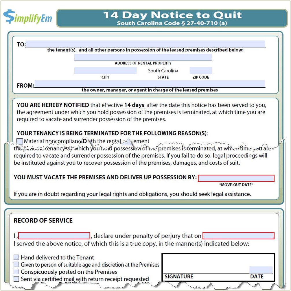 Free Eviction Notice Template South Carolina Resume Example Gallery