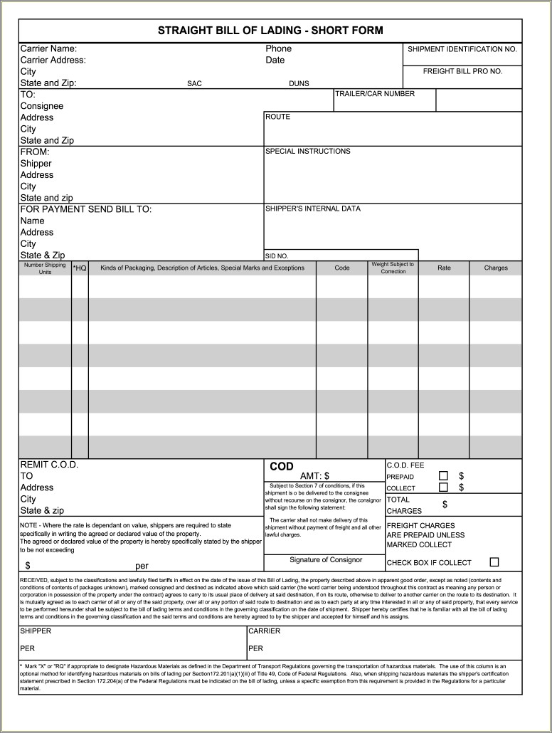 Free Fillable Bill Of Lading Template