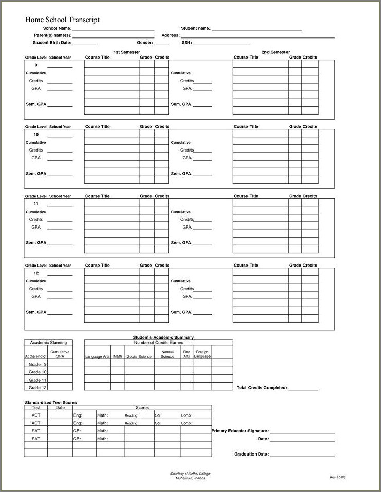 Free High School Transcript Template Excel