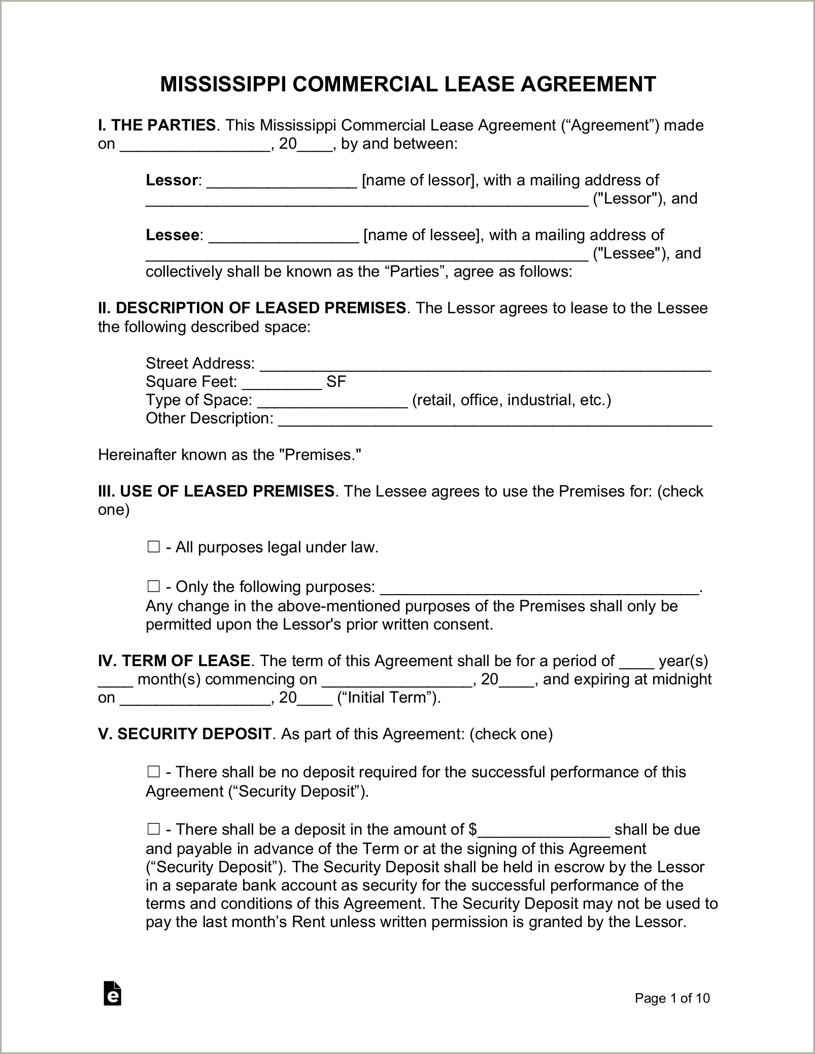 Free Mississippi Landlord Tenancy Agreement Template