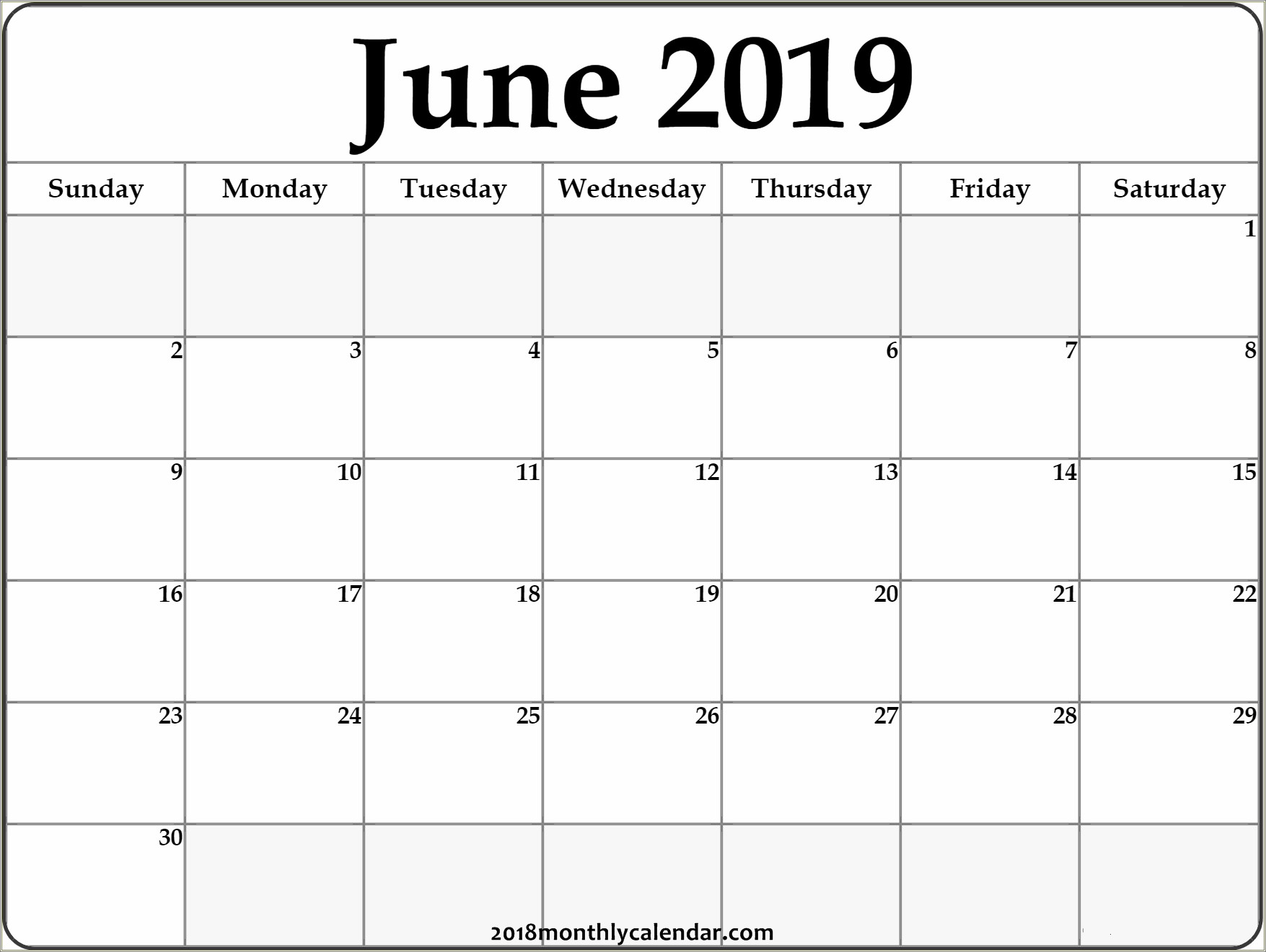 Free Monthly Calendar Template June 2019