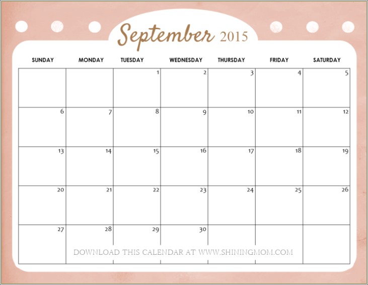 Free Monthly Calendar Template September 2015