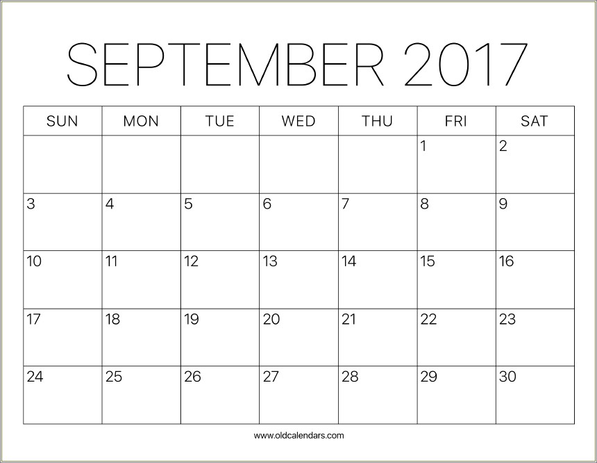 Free Monthly Calendar Template September 2017