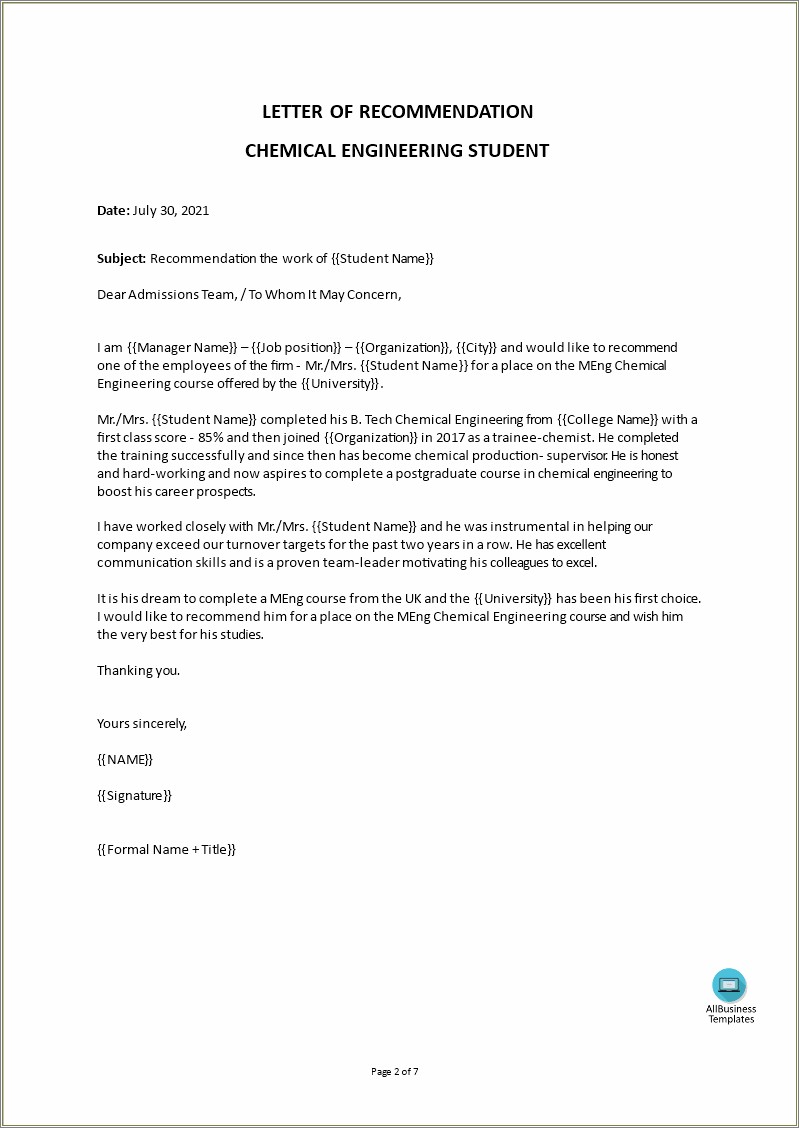 Free Online Letter Of Recommendation Template
