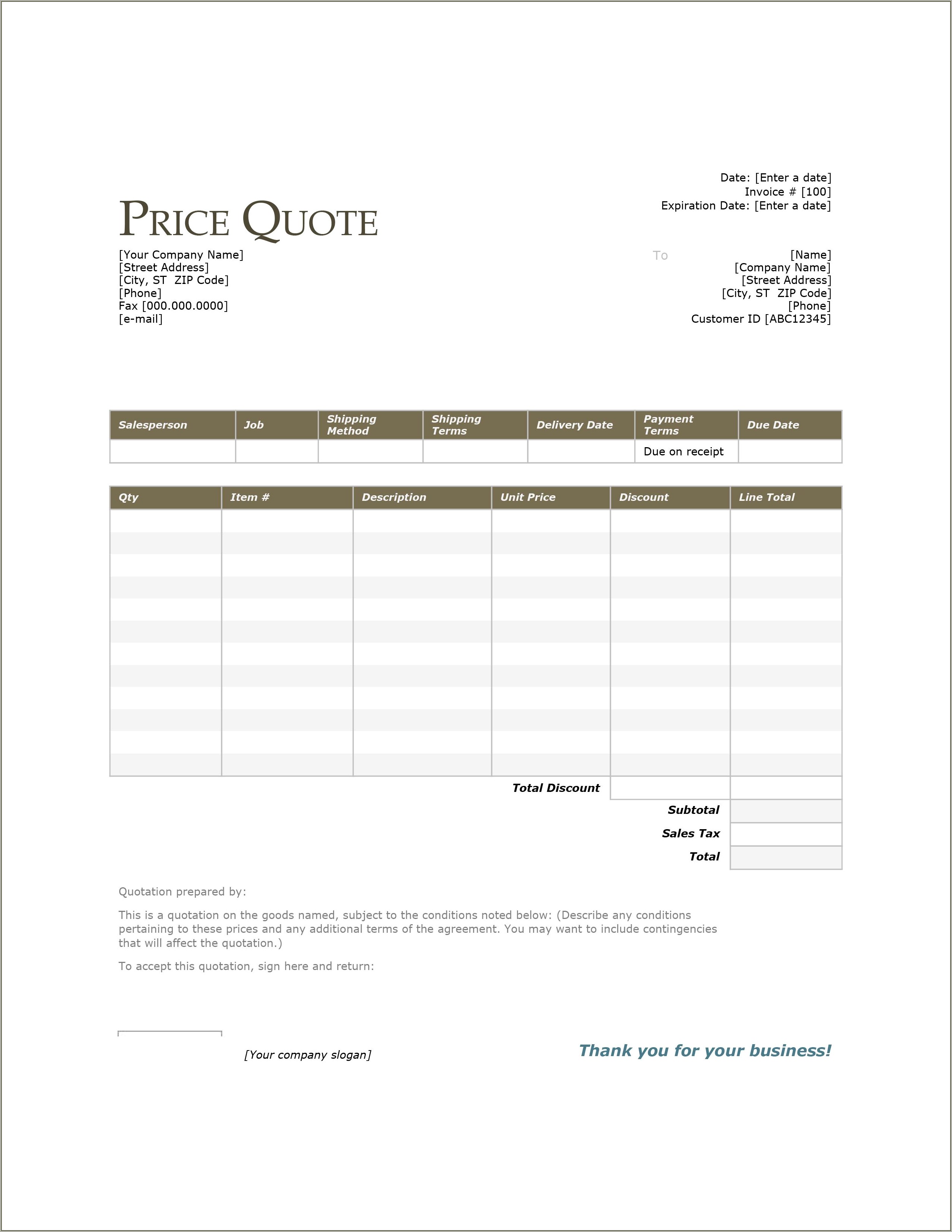 Free Price Quote Template For Word