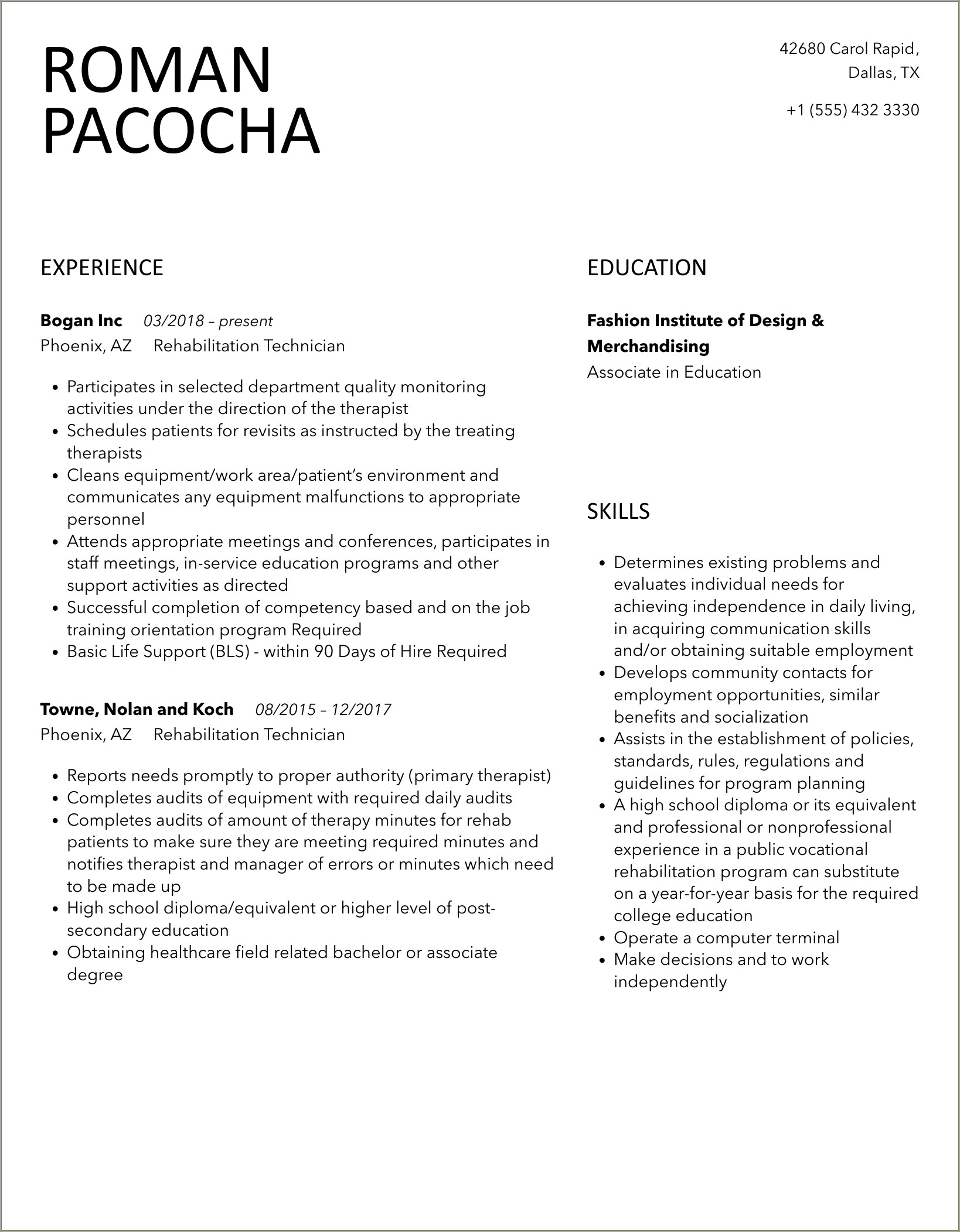 Vocational Rehabilitation Technician Job Description Resume