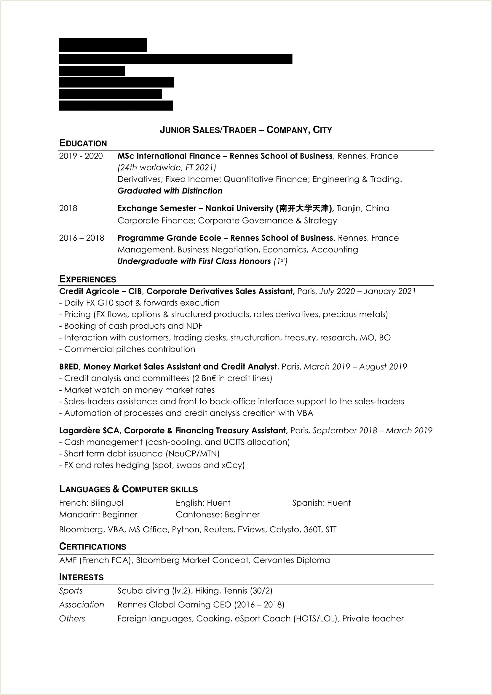 Wall Street Oasis Private Equity Resume Template