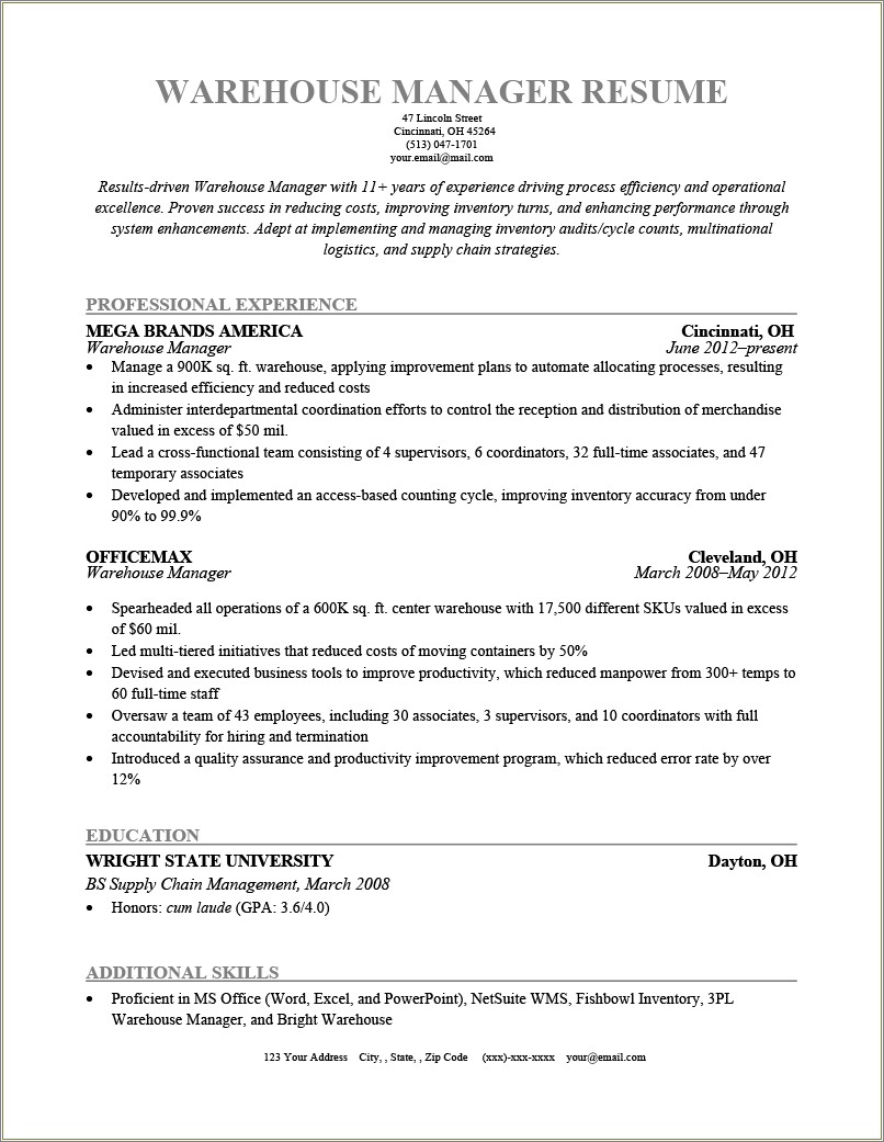 Warehouse Manager Resume Cover Letter Examples