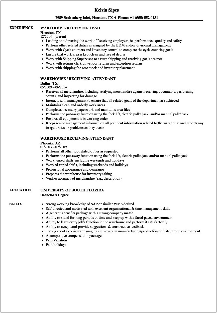 Warehouse Shipping And Receiving Resume Example