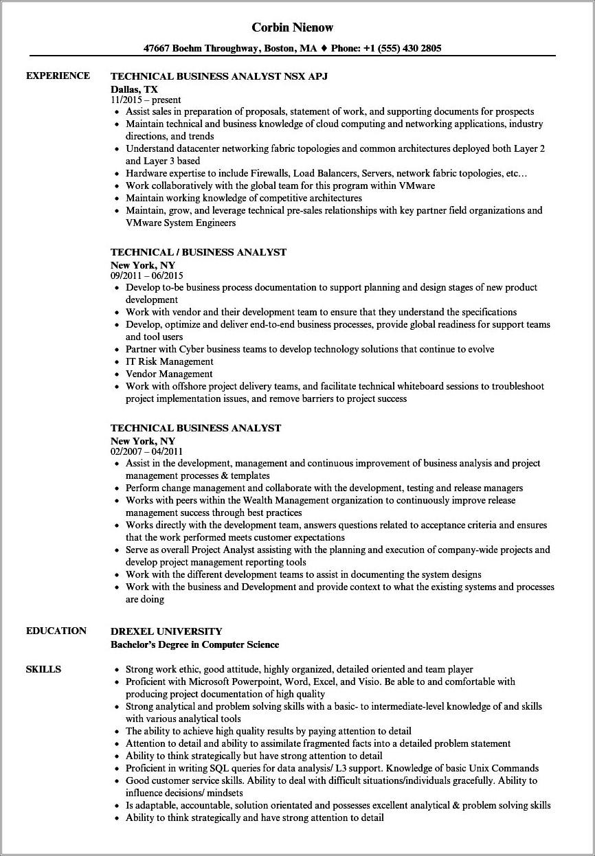 Web Api Business Analayst Sample Resume