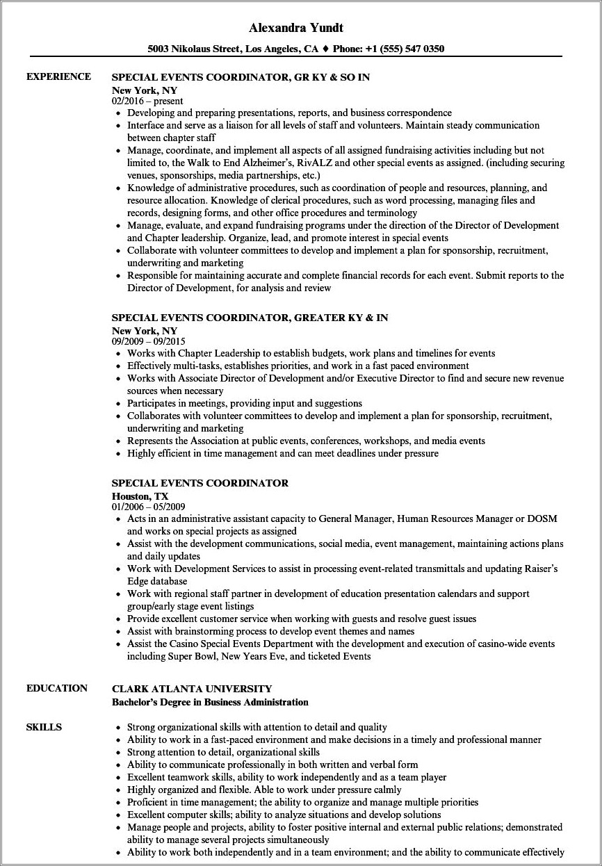 Wedding And Event Coordinator Objective Resume