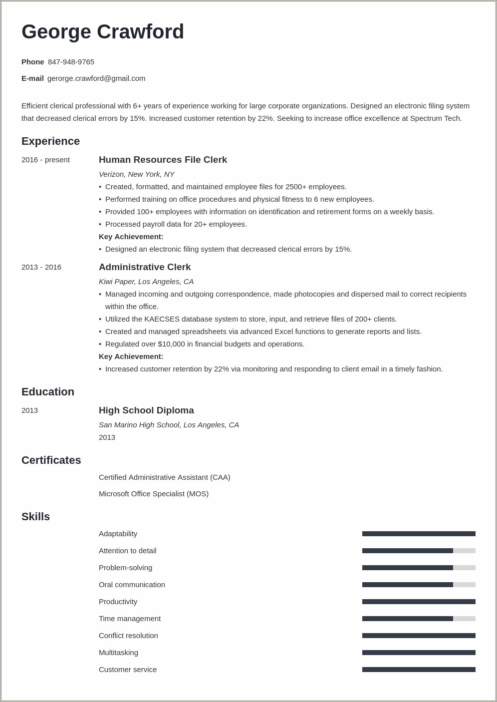 Where To Put Clerical Duties On Resume