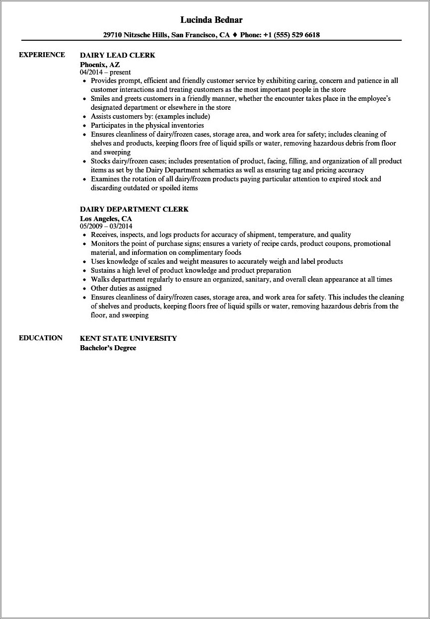 Word Resume Dairy Frozen Store Clerk