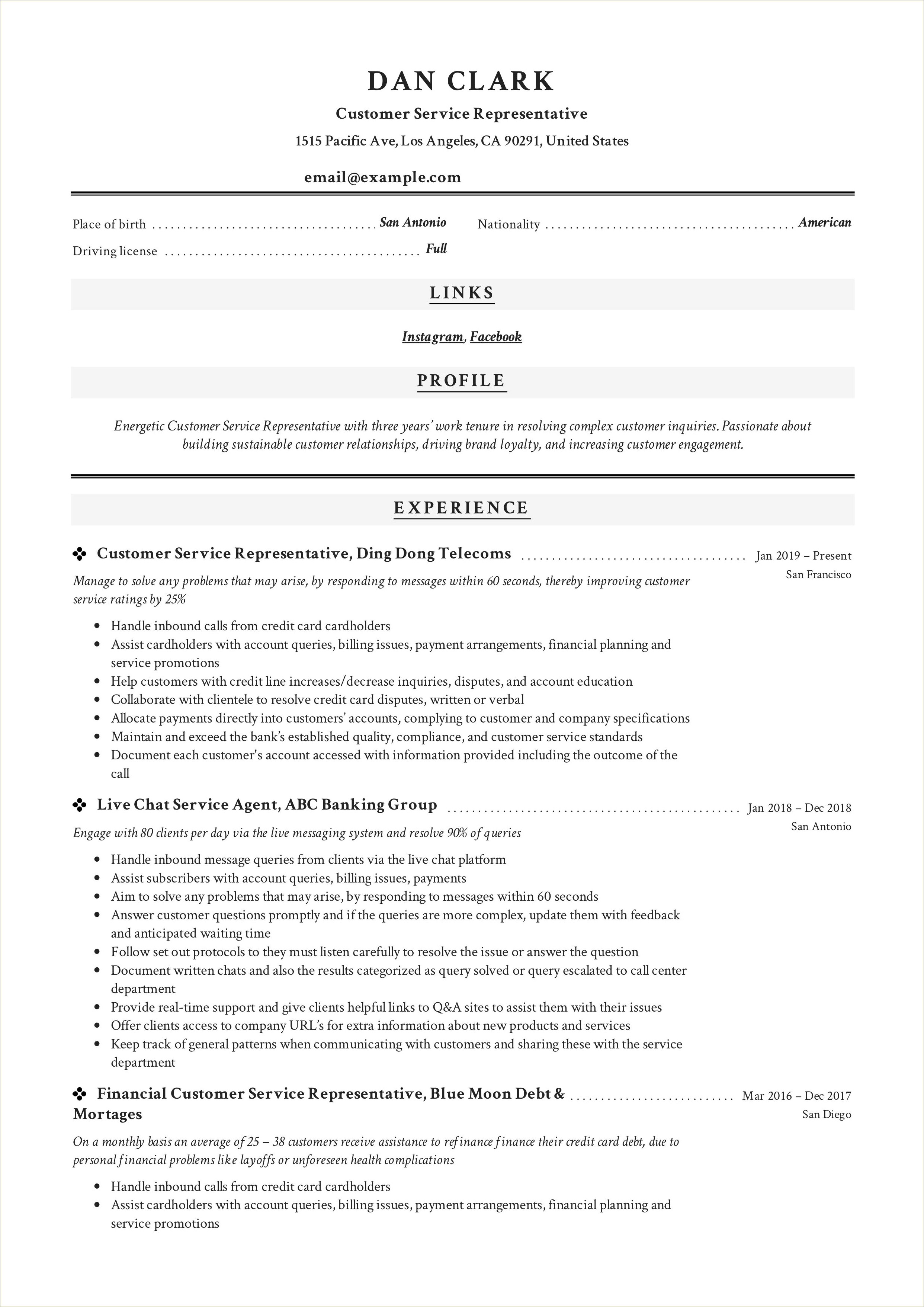 Wording Examples For Resume For Customer Service Professional