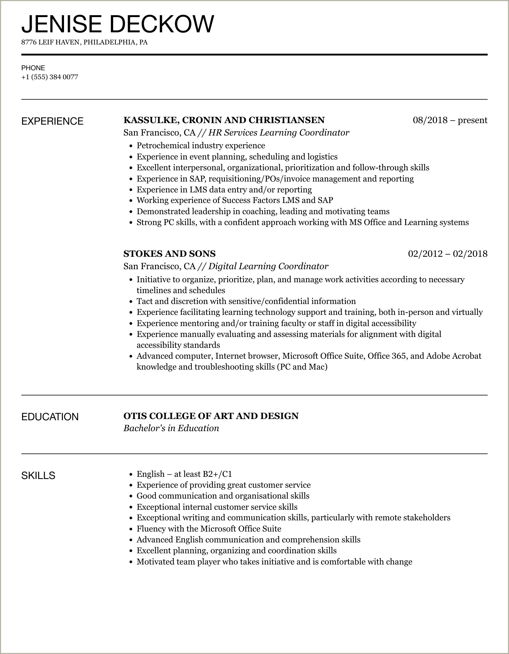 Work Base Learning Coordinator Resume Samples