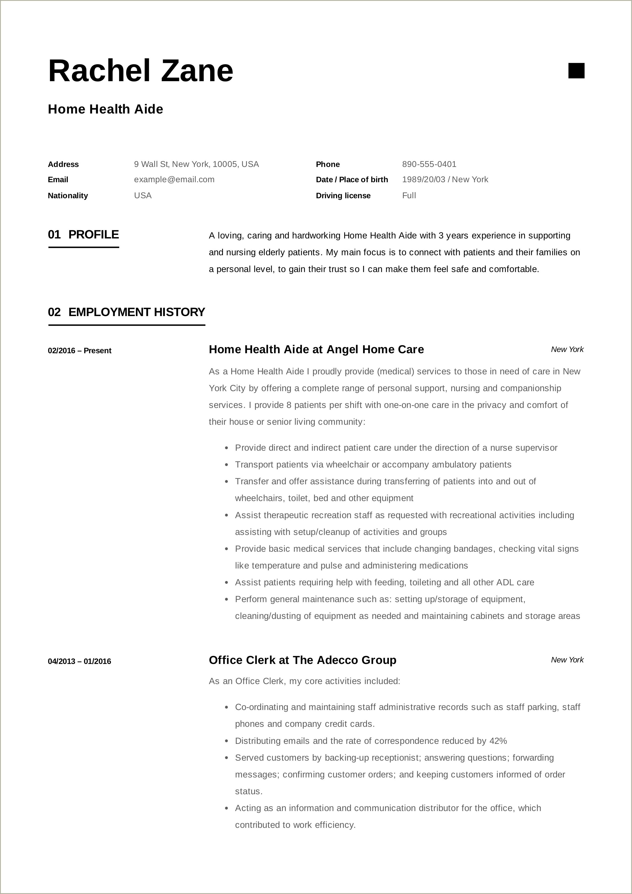 Work Experience As A Home Health Aide Resume