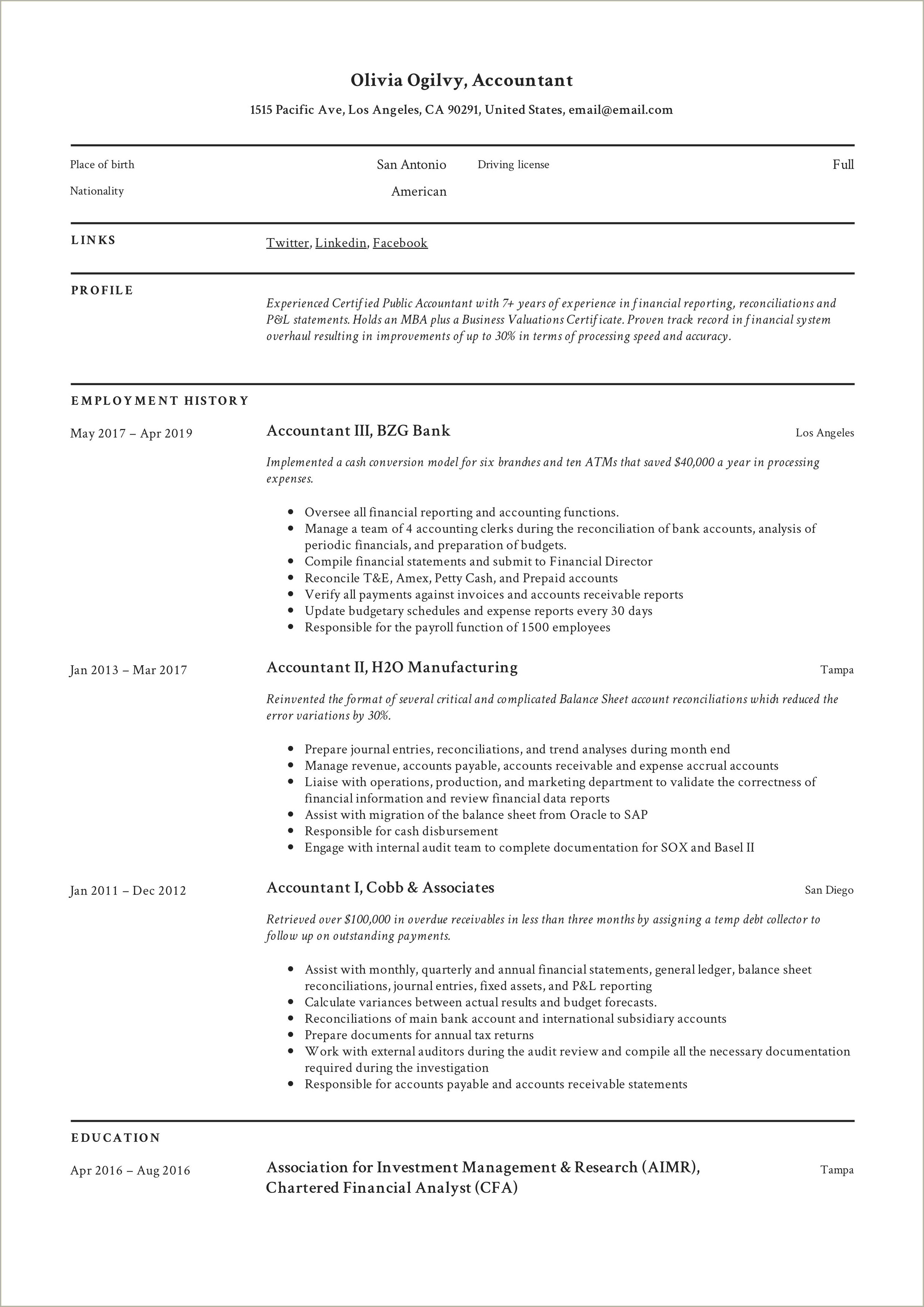 Work Experience In Resume For Accountant