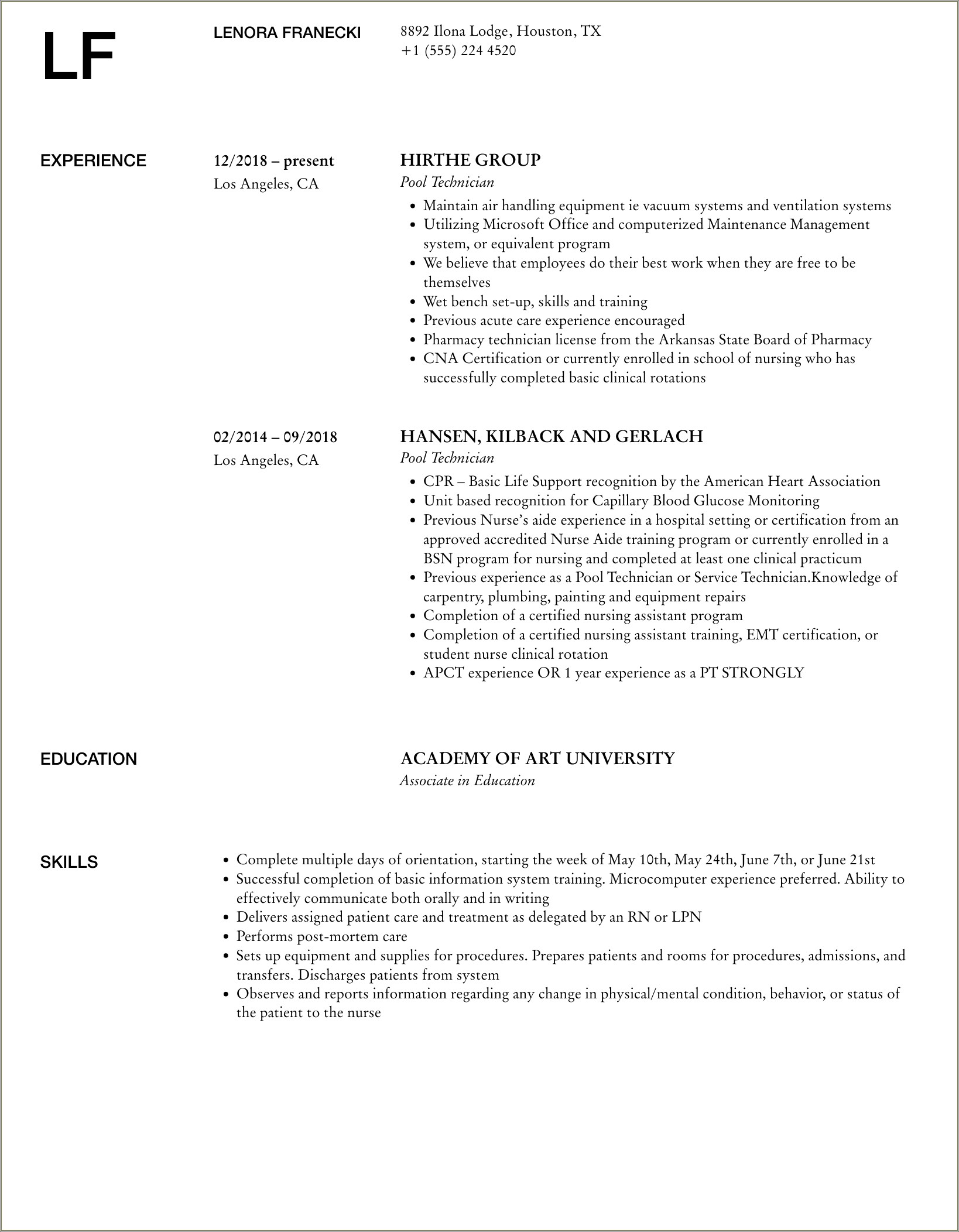 Work Experience Of A Pool Plumberfor Resume