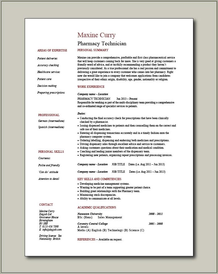 Work From Home Pharmacy Technician Resume