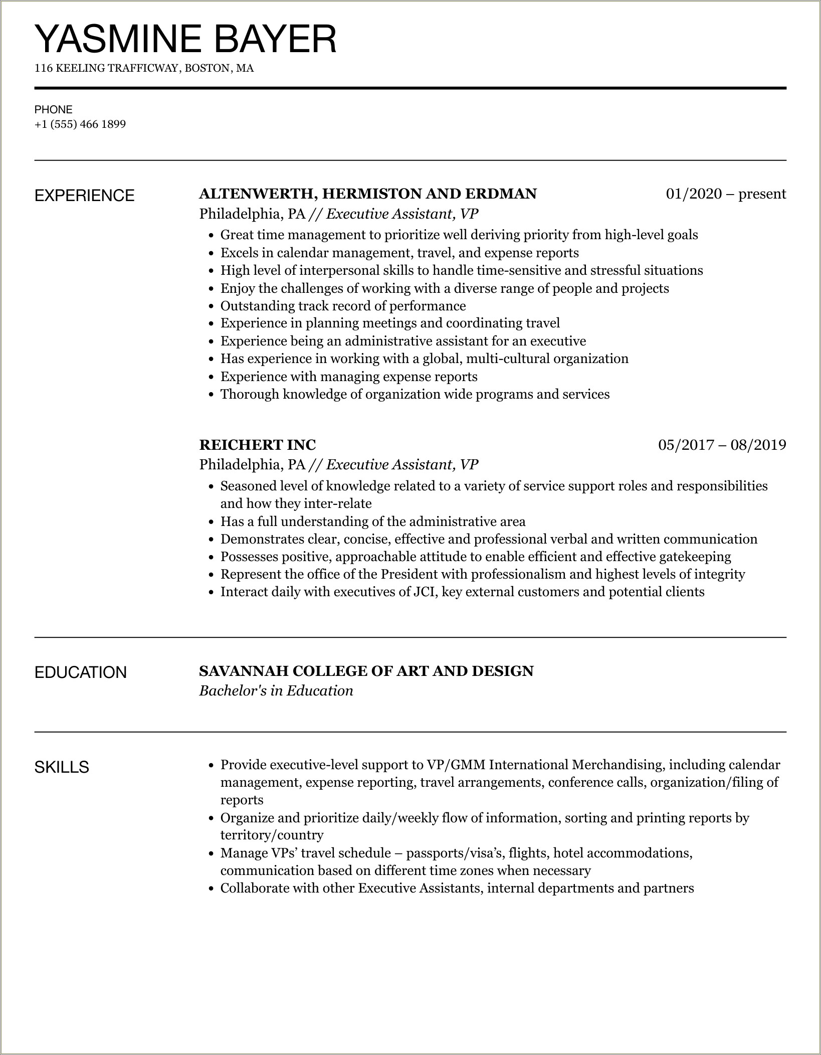 Worked Directly With Vice President Resume Administrative