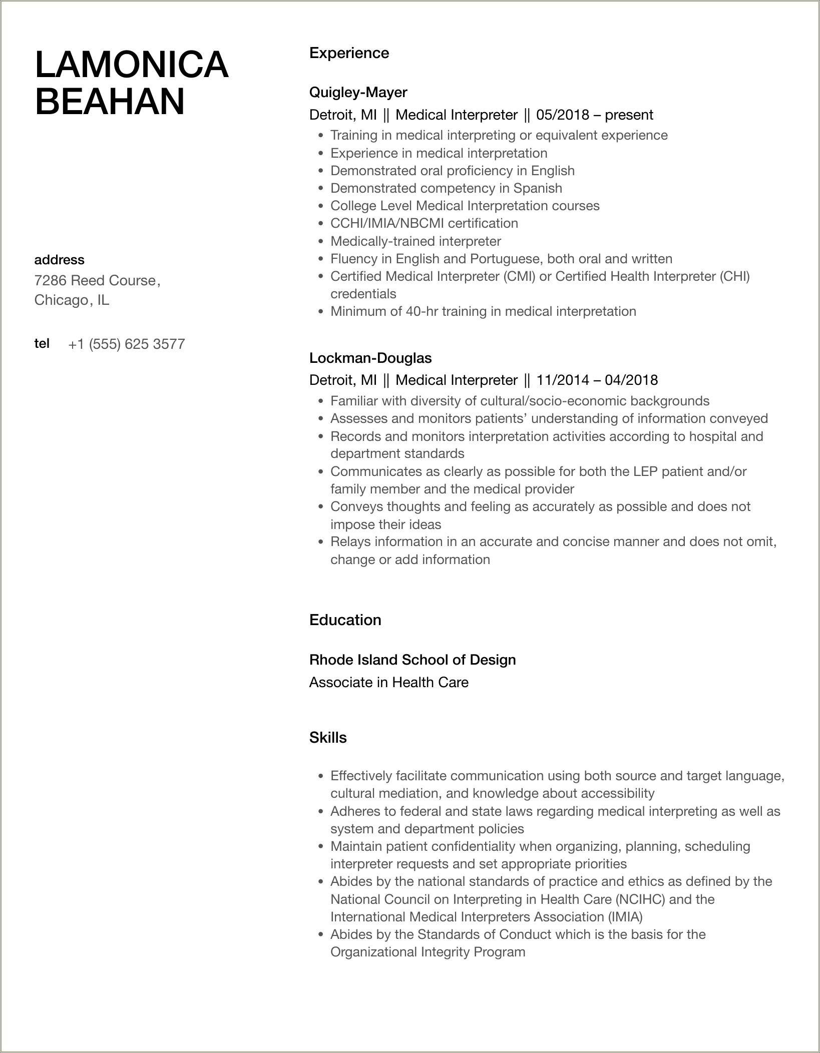 Worked With Translators For Health Care Resume