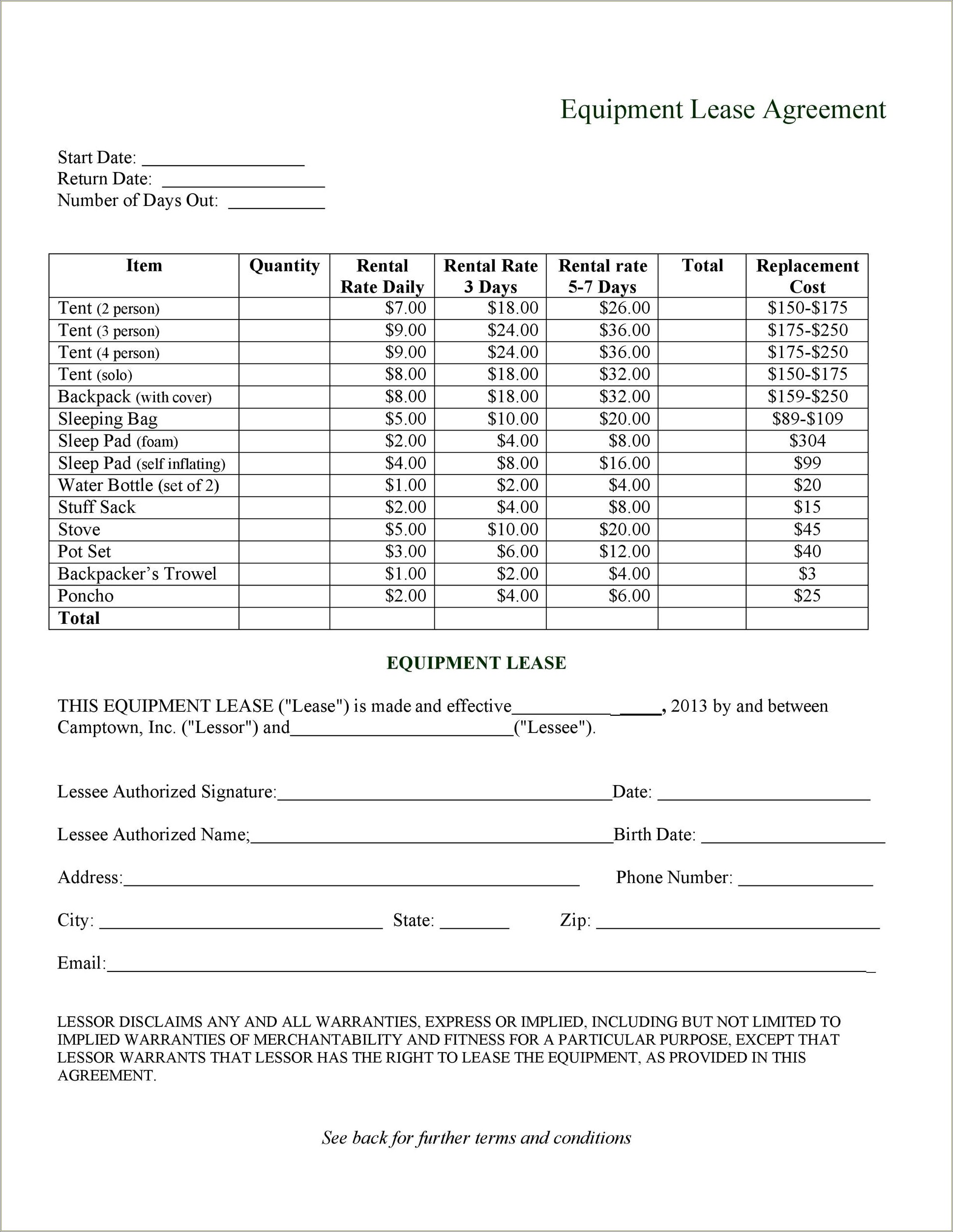 1 Equpment Lease Agreement Template Free Download