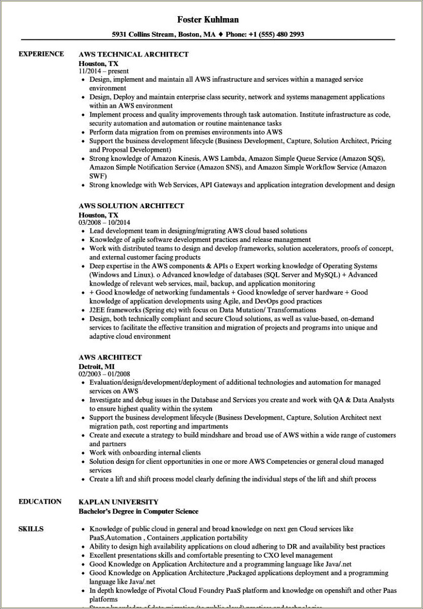 Aws Sample Resume For Freshers