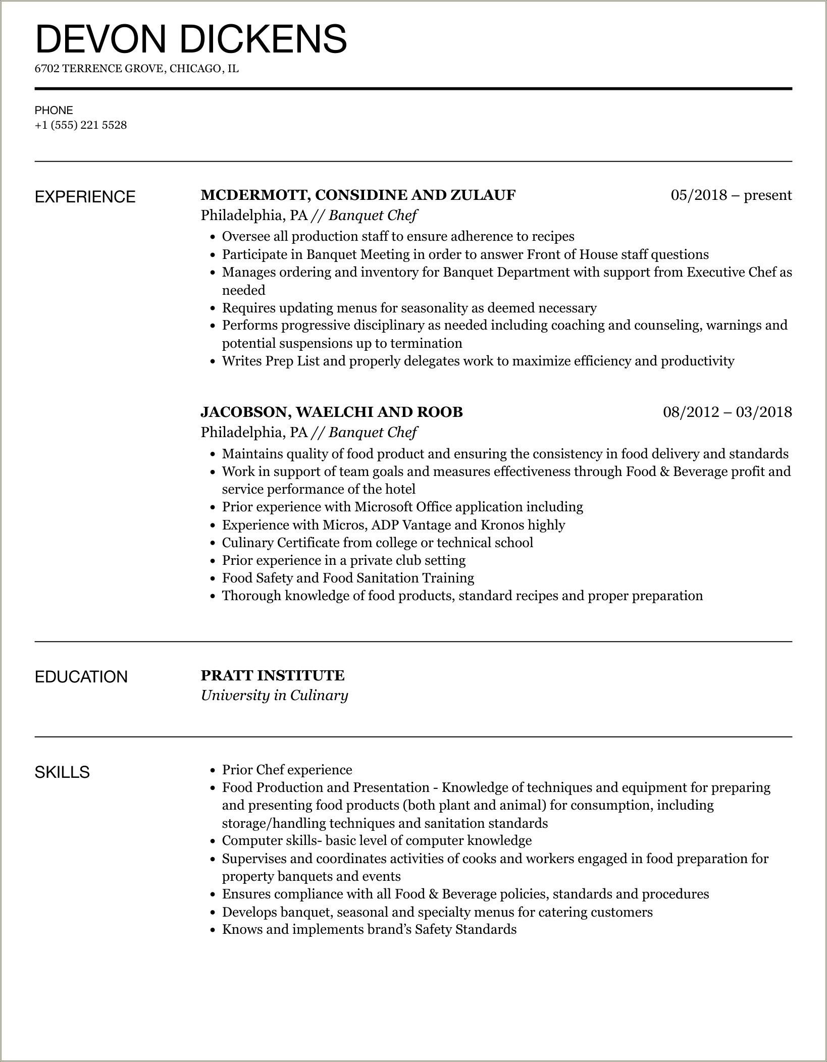 Banquet Chef Skills And Resume