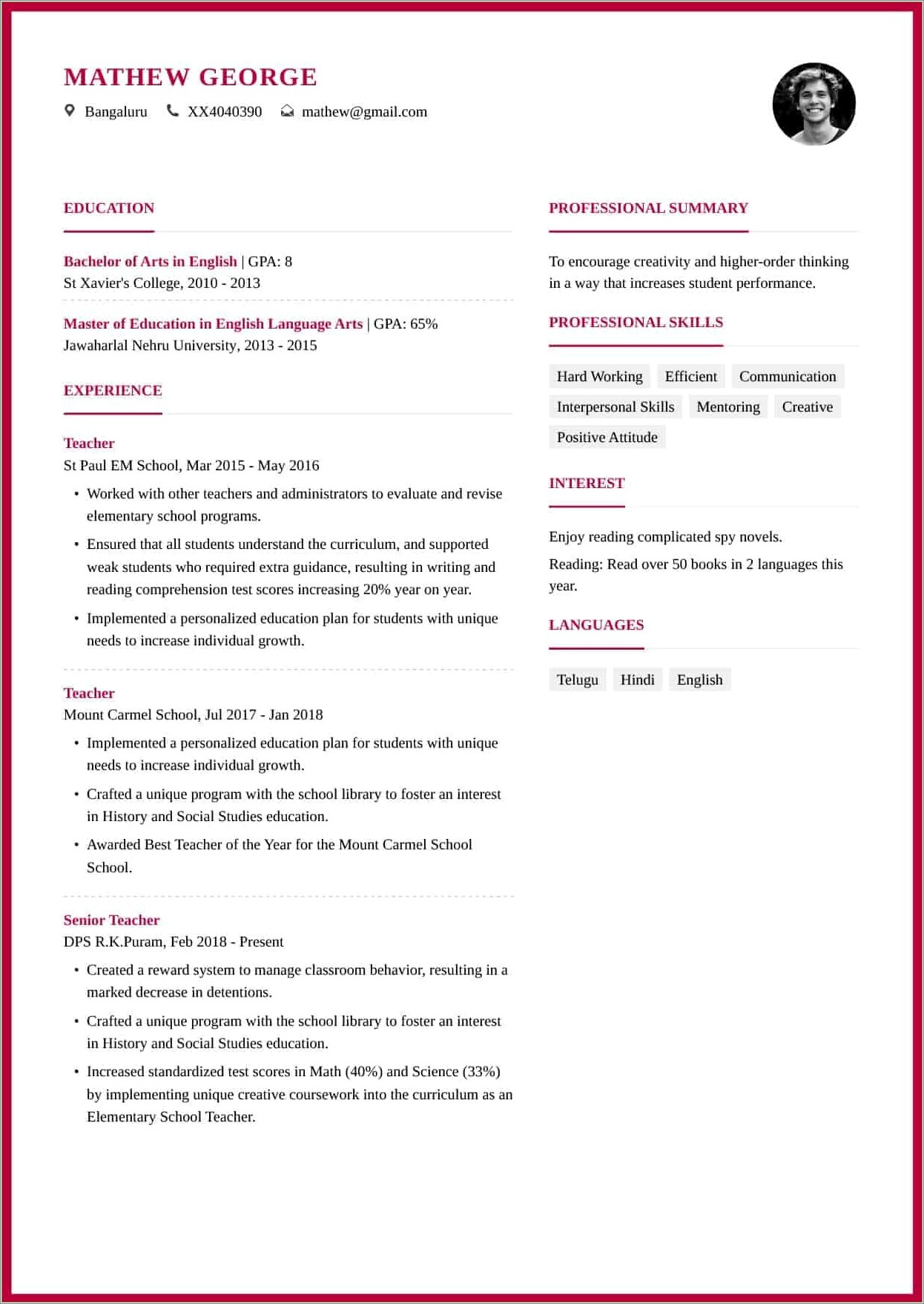 Best Teacher Resume Format Pdf