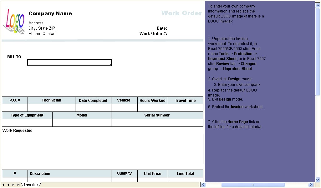 Best Work Order Template Foor Excel Free