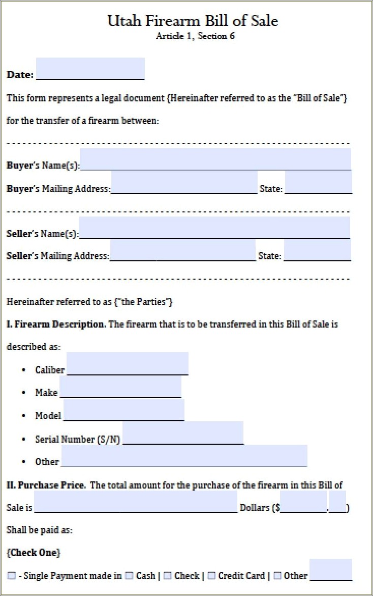 Bill Of Sale Template Utah Pdf Free