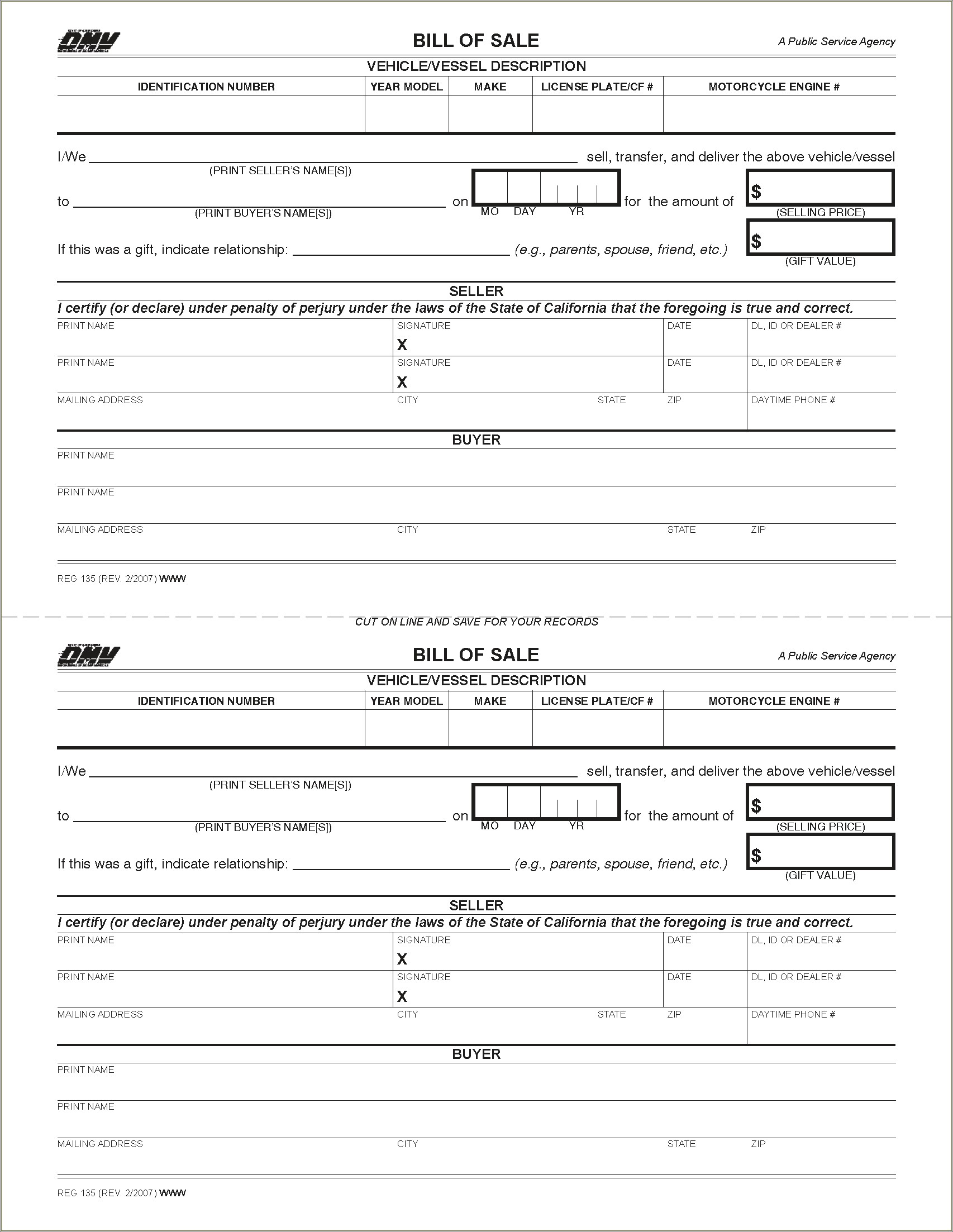 California Free Bill Of Sale Template For Car