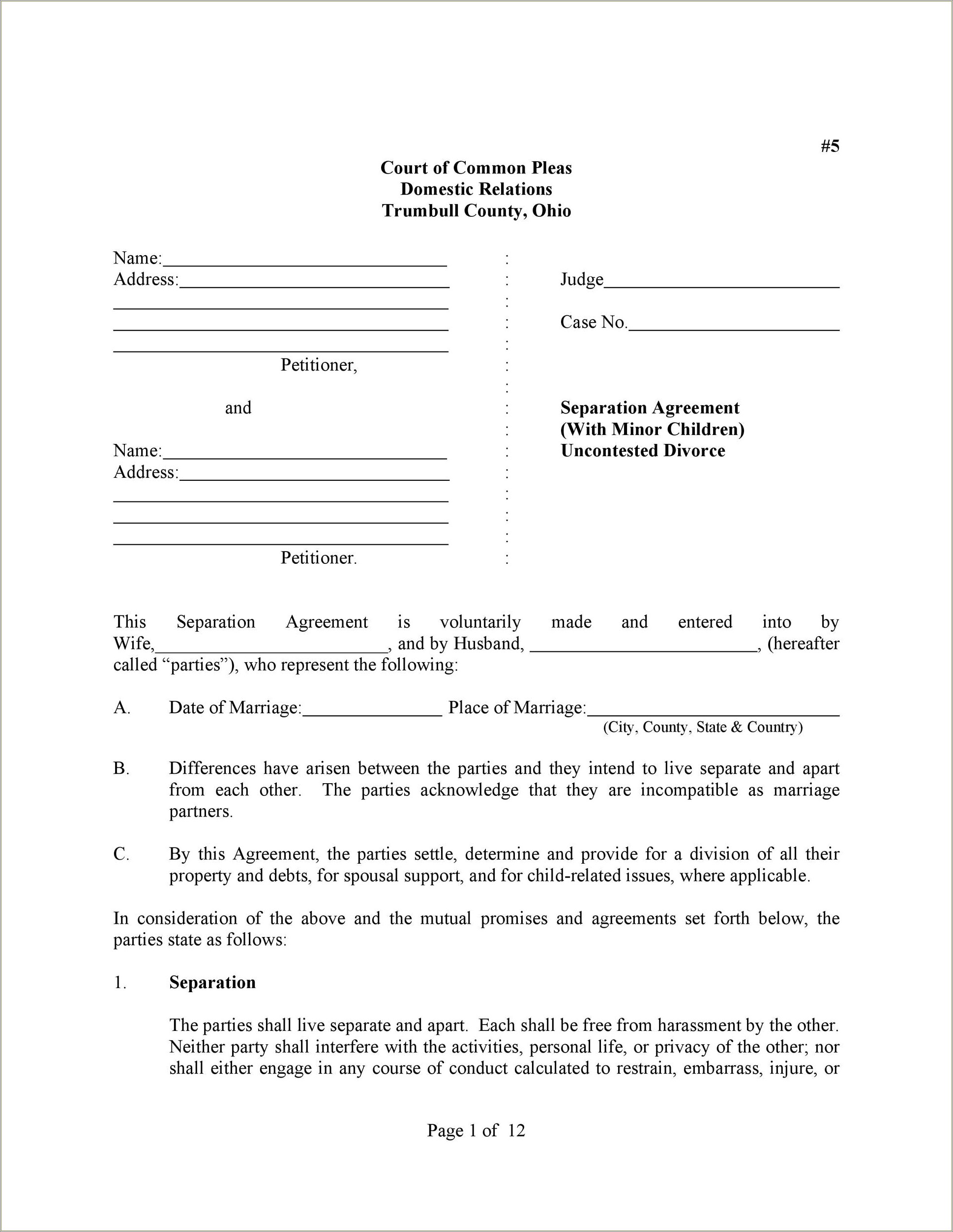 Copy Of A Marriage Separation Agreement Template Free