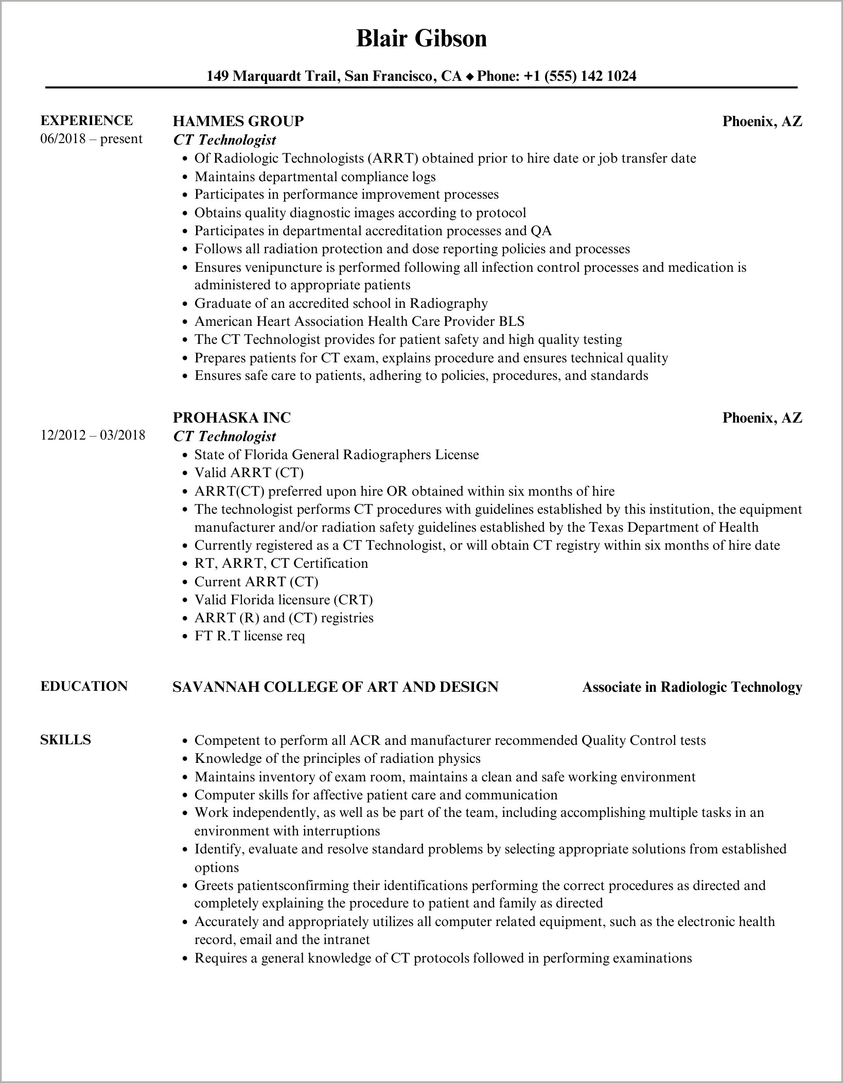 Ct Tech Job Description Resume