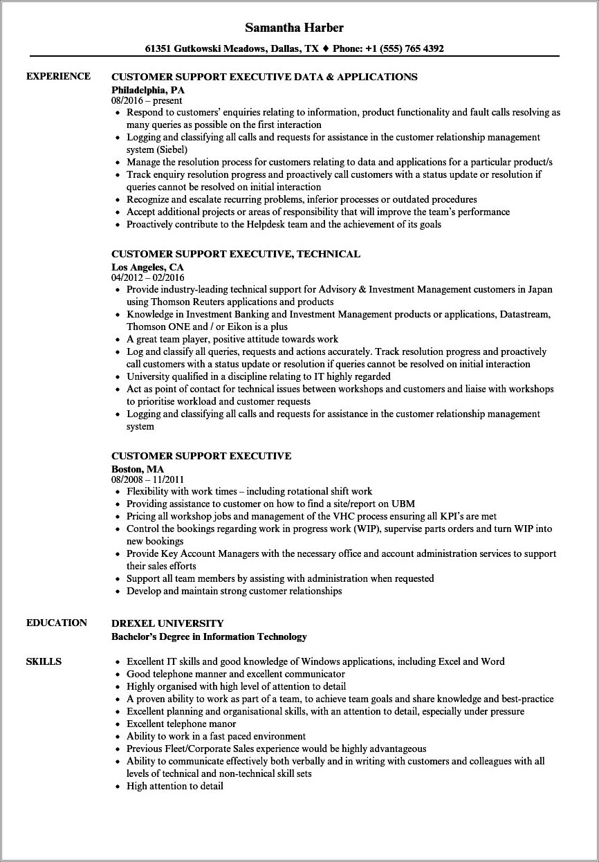 Customer Service Executive Skills Resume