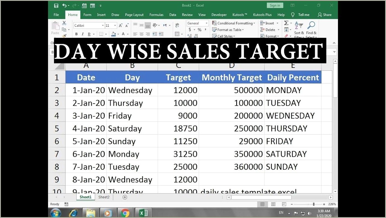 Daily Sales Against Target Templates Excel Free Download