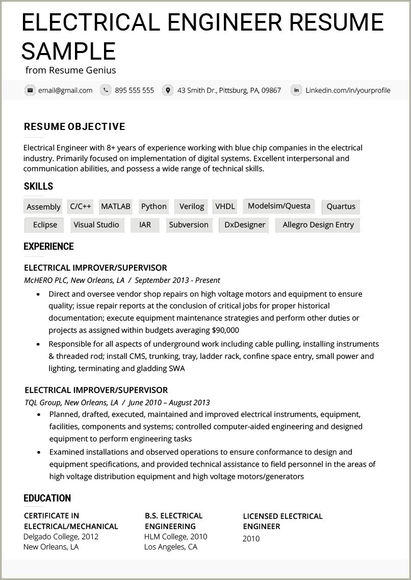 Did Electrical Supervisor Resume Sample