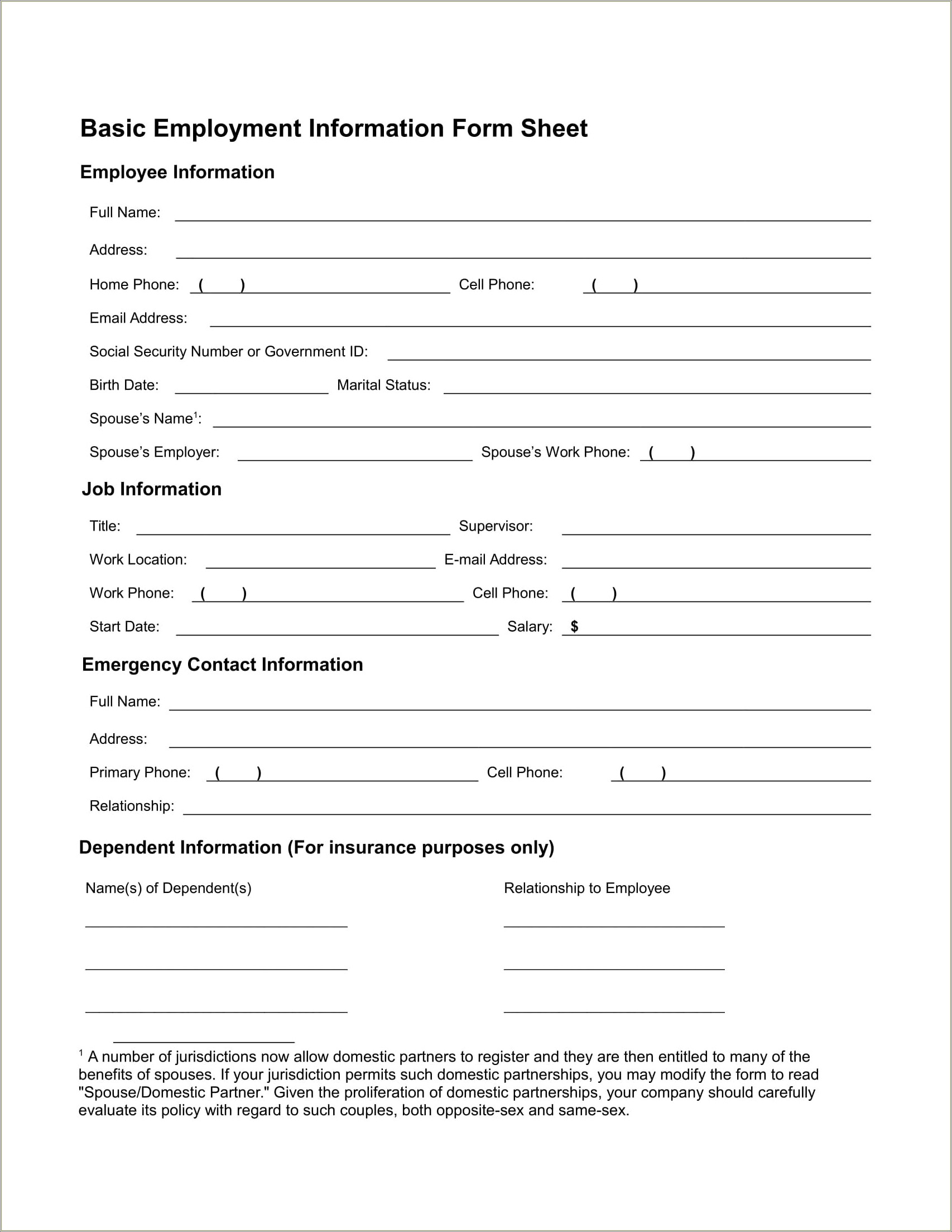 Employee Personal Information Form Template Free Download
