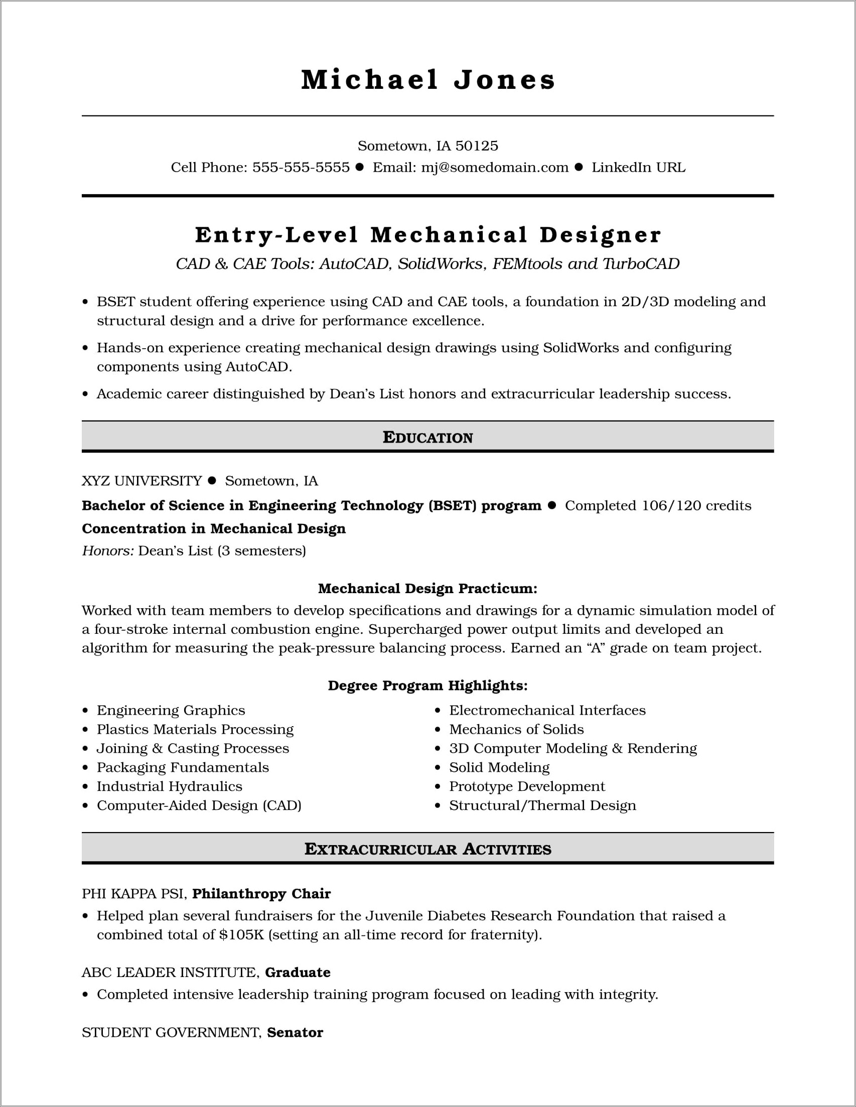 Entry Level Cad Resume Sample