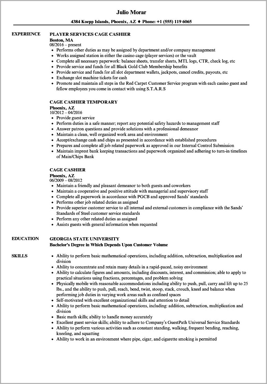 Entry Level Cashier Resume Sample