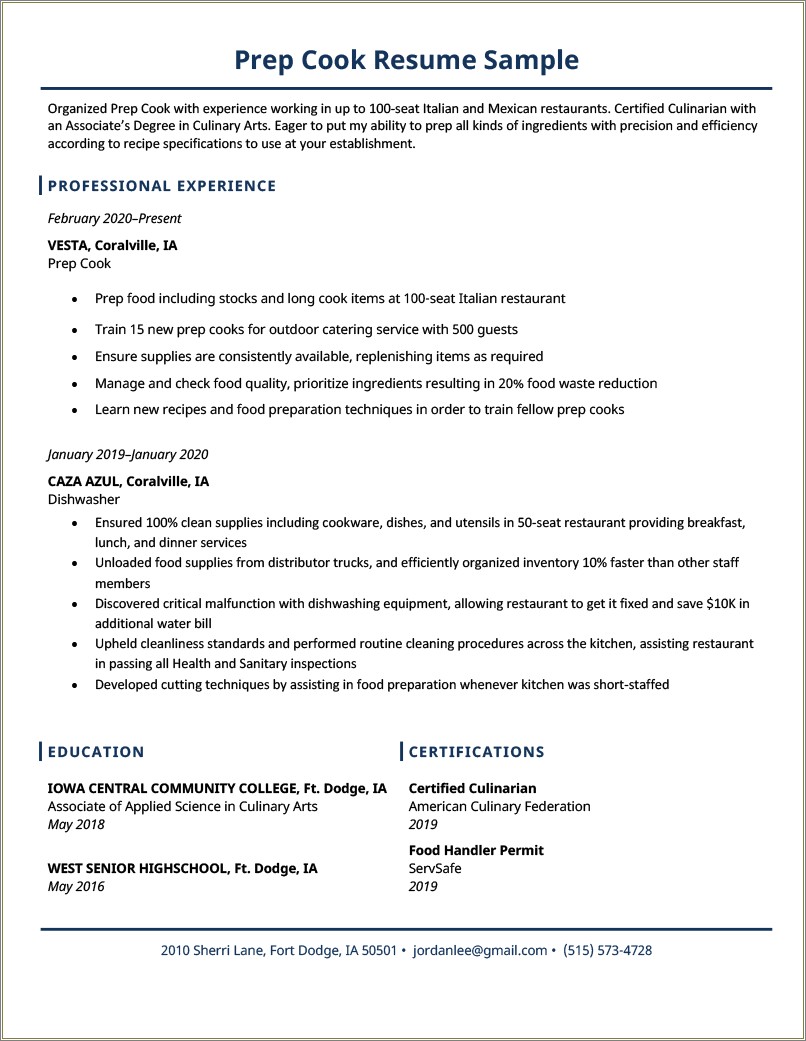 Entry Level Chef Resume Objective