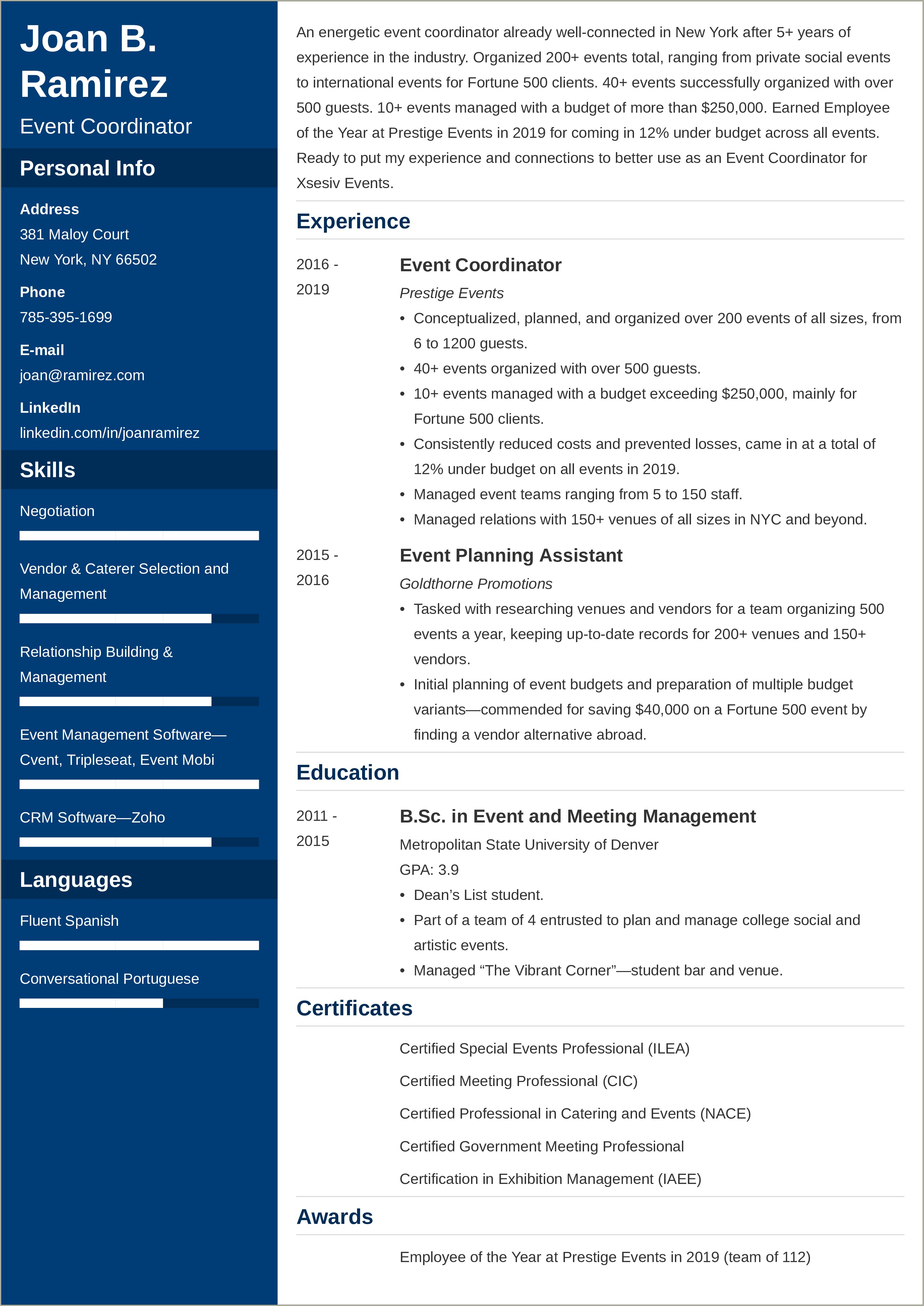 Event Coordinator Resume Objective Examples