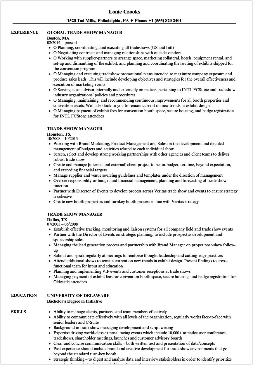 Expo Job Description For Resume