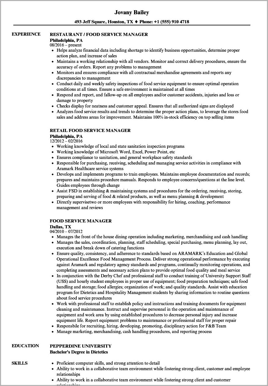 Food Service Manager Resume Skills