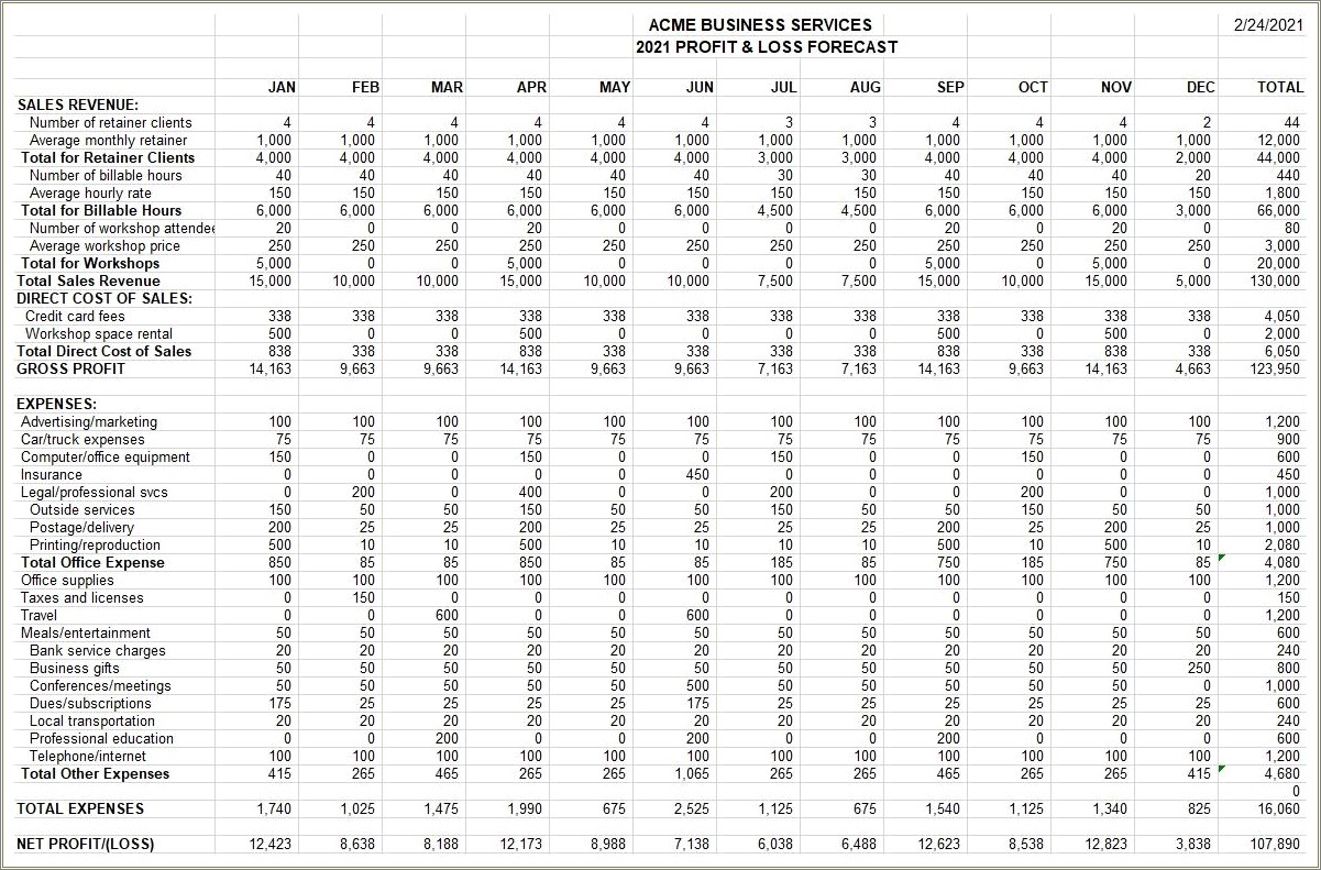 Free 12 Month Profit And Loss Projection Template