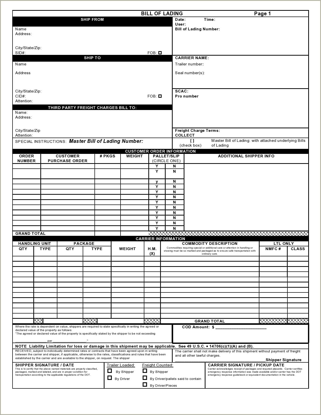 Free Bill Of Lading Template For Trucking