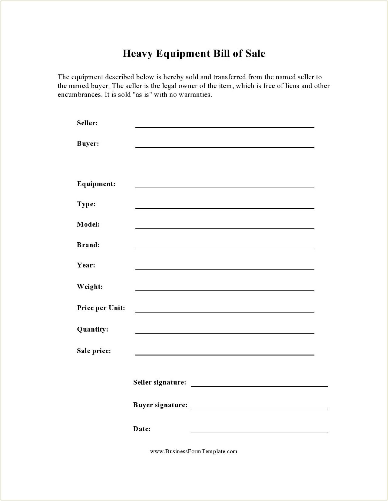 Free Bill Of Sale Template For Farm Equipment