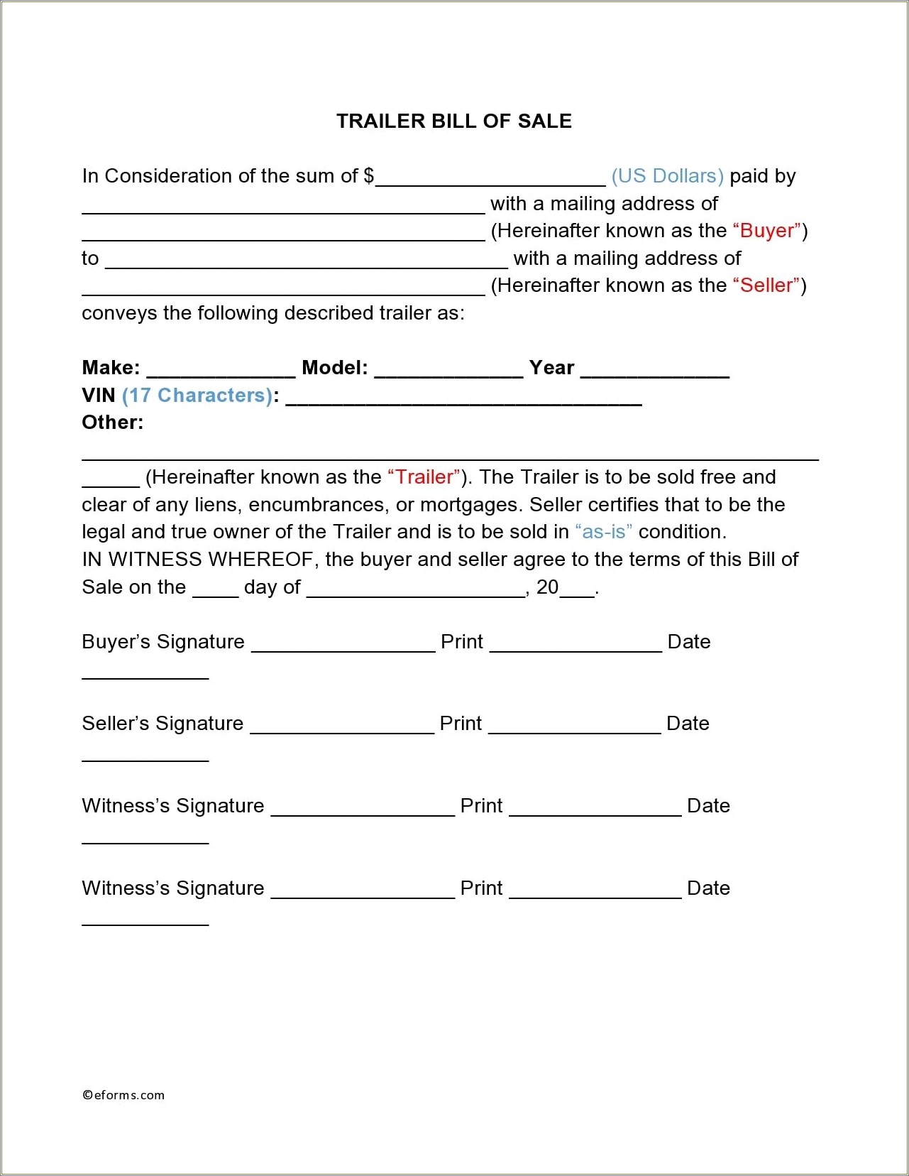 Free Bill Of Sale Template Travel Trailer