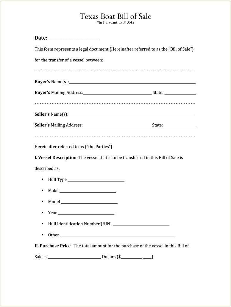 Free Boat Bill Of Sale Template Word