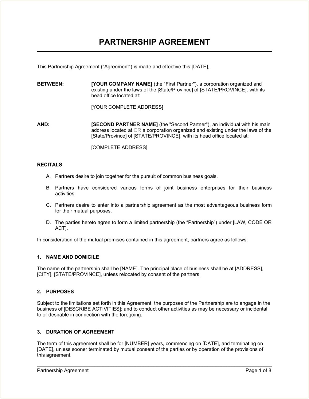 Free Business Partnership Agreement Template Free Download